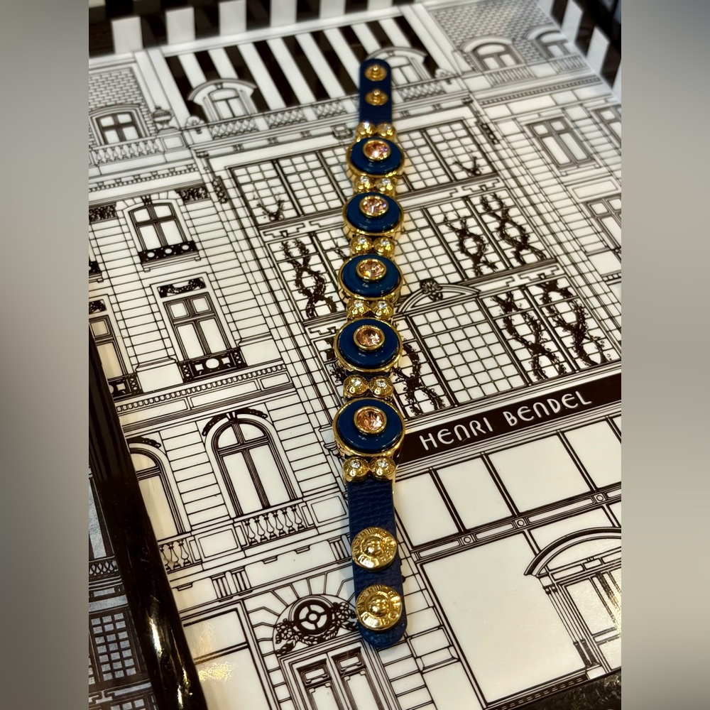 NEW FULL INCLUSION HENRI BENDEL BLUE/GOLD LEATHER BRACELET w/SWAROVSKI CRYSTALS - Picture 7 of 12